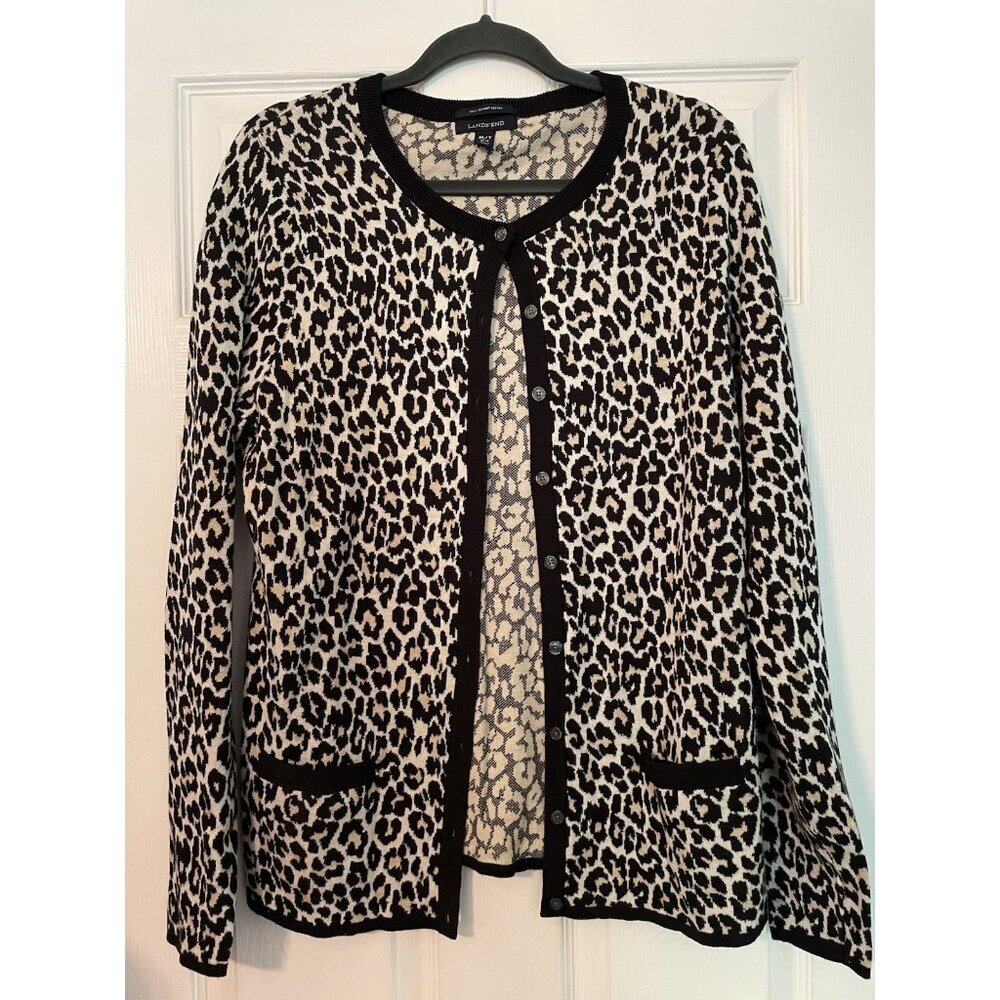 Lands end supima cotton cardigan Medium Tall Animal Print‎ Black Leopard